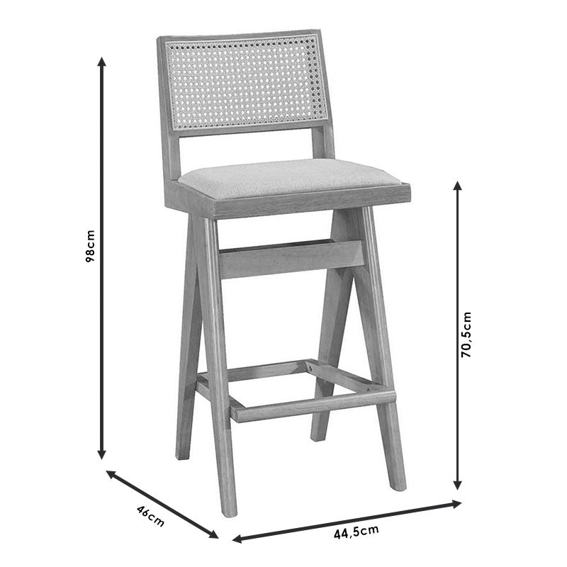 Σκαμπό bar Winslow pakoworld ξύλο rubberwood μαύρο-pvc rattan φυσικό-ύφασμα γκρι 44.5x46x98εκ