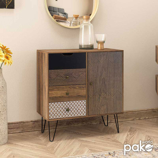 Συρταριέρα Boho pakoworld με συρτάρια-ντουλάπι καρυδί μεταλλικά πόδια 79,5x39,5x86εκ