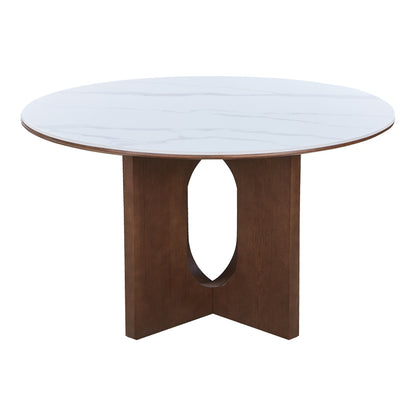 Τραπέζι Merge pakoworld sintered stone-mdf σε λευκό μαρμάρου με καρυδί βάση Φ130x75εκ