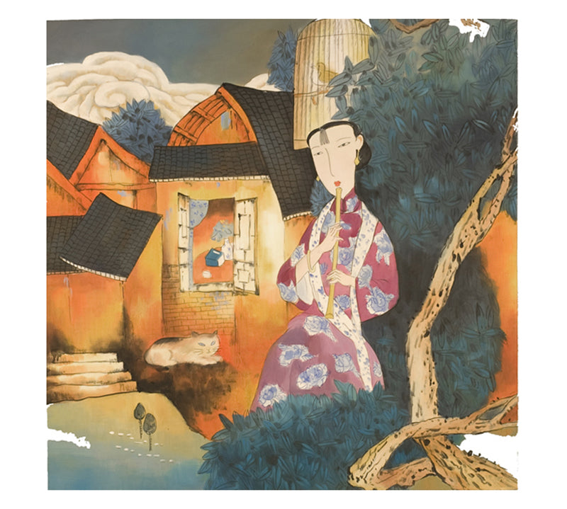 Πίνακας (ελαιογραφία) Γκέισα με φλάουτο, 80x80cm