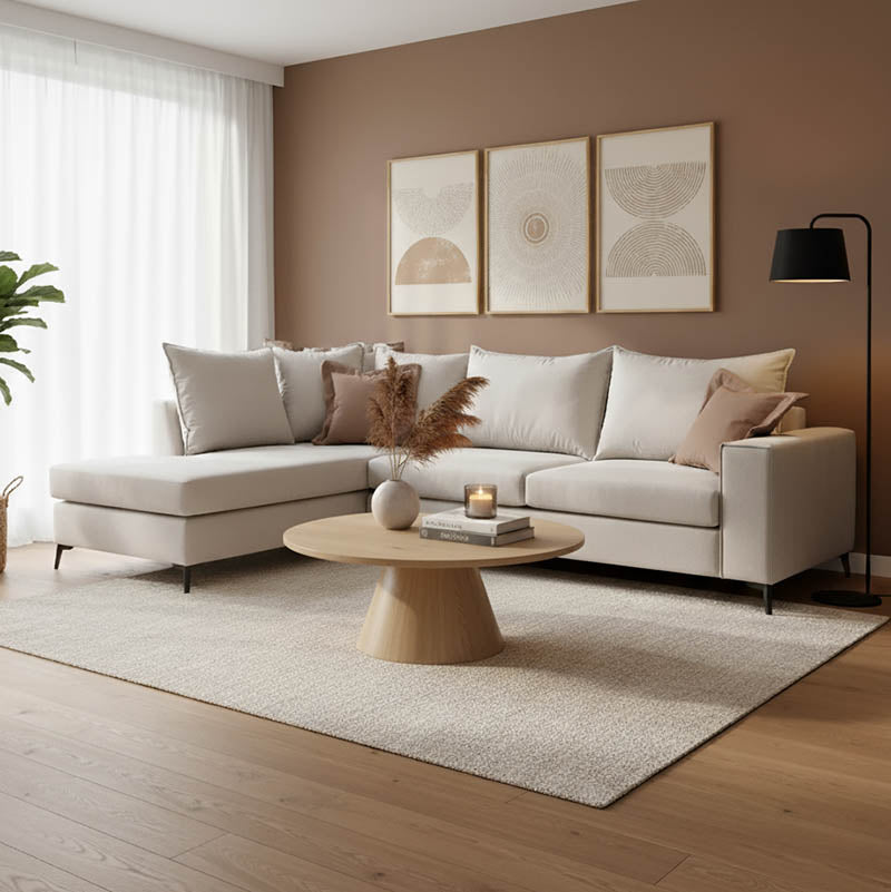 Γωνιακός καναπές δεξιά γωνία Romantic pakoworld ύφασμα cream-mocha 290x235x95εκ