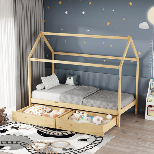 Παιδικό κρεβάτι Mellin τ. Montessori με 2 συρτάρια pakoworld ξύλο πεύκου σε φυσική απόχρωση 90x190εκ