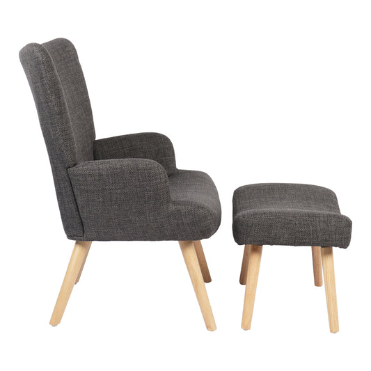 Πολυθρόνα-μπερζέρα με υποπόδιο Gerlina pakoworld ανθρακί ύφασμα με πόδι σε φυσική απόχρωση 71x64x94ε