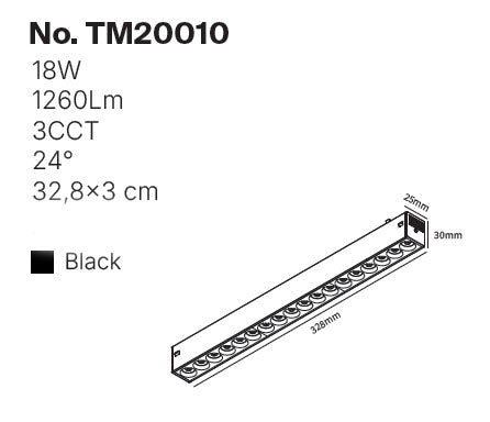 Inlight Γραμμικό Φωτιστικό LED 18W με Anti-glare Dots 3CCT 24° για μαγνητική Ράγα 220V σε μαύρη απόχρωση D: 32,8x3cm (TM20010)