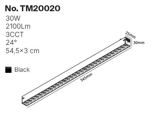 Inlight Γραμμικό Φωτιστικό LED 30W με Anti-glare Dots 3CCT 24° για μαγνητική Ράγα 220V σε μαύρη απόχρωση D: 54,5x3cm (TM20020)