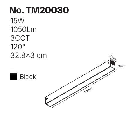 Inlight Γραμμικό Φωτιστικό LED 15W 3CCT 120° για μαγνητική Ράγα 220V σε μαύρη απόχρωση D: 32,8x3cm (TM20030)