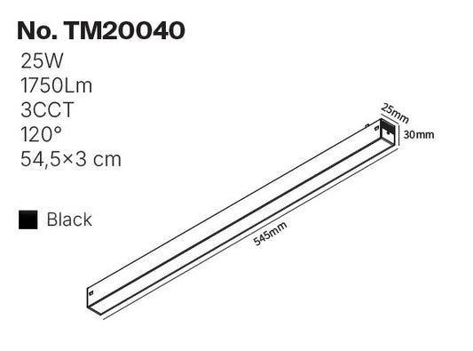 Inlight Γραμμικό Φωτιστικό LED 25W 3CCT 120° για μαγνητική Ράγα 220V σε μαύρη απόχρωση D: 54,5x3cm (TM20040)