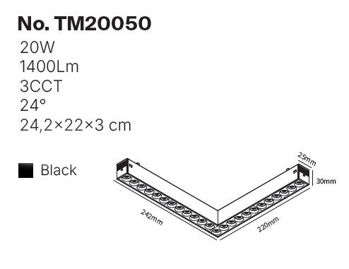 Inlight Γωνιακό γραμμικό φωτιστικό LED 20W,με Anti-glare Dots 3CCT, 120° για μαγνητική ράγα 220V, σε μαύρη απόχρωση D:24,2x22x3cm (TM20050)