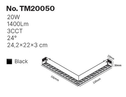 Inlight Γωνιακό γραμμικό φωτιστικό LED 20W,με Anti-glare Dots 3CCT, 120° για μαγνητική ράγα 220V, σε μαύρη απόχρωση D:24,2x22x3cm (TM20050)
