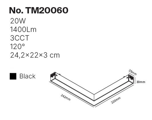 Inlight Γωνιακό γραμμικό φωτιστικό LED 20W, 3CCT, 120° για μαγνητική ράγα 220V, σε μαύρη απόχρωση D:24,2x22x3cm (TM20060)