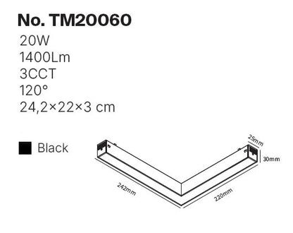Inlight Γωνιακό γραμμικό φωτιστικό LED 20W, 3CCT, 120° για μαγνητική ράγα 220V, σε μαύρη απόχρωση D:24,2x22x3cm (TM20060)