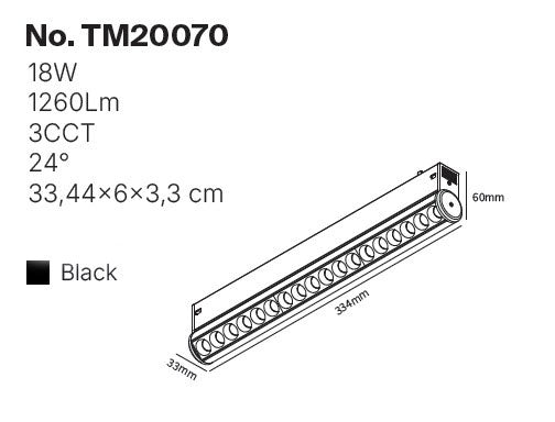 Inlight Γραμμικό Φωτιστικό LED 18W με Anti-glare Dots 3CCT 24° για μαγνητική Ράγα 220V σε μαύρη απόχρωση D: 33,4x6x3,3cm (TM20070)
