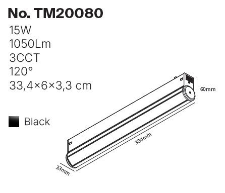 Inlight Γραμμικό Φωτιστικό LED 15W 3CCT 120°,για Μαγνητική Ράγα 220V σε μαύρη απόχρωση D: 33,4x6x3,3cm (TM20080)