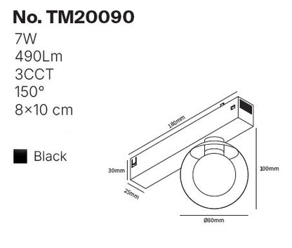 Inlight Φωτιστικό LED 7W 3CCT για μαγνητική ράγα 220V σε μαύρη απόχρωση D:8X10cm (TM20090)