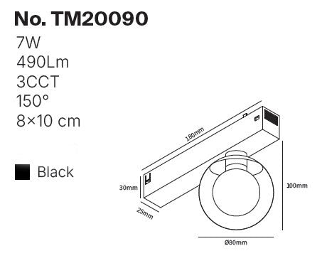 Inlight Φωτιστικό LED 7W 3CCT για μαγνητική ράγα 220V σε μαύρη απόχρωση D:8X10cm (TM20090)