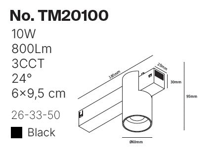 Inlight Φωτιστικό spot LED 10W, 3CCT, 24° για μαγνητική ράγα 220V, σε μαύρη απόχρωση D:6x9.5cm (TM20100)