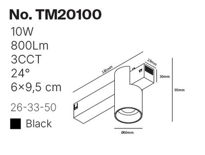 Inlight Φωτιστικό spot LED 10W, 3CCT, 24° για μαγνητική ράγα 220V, σε μαύρη απόχρωση D:6x9.5cm (TM20100)