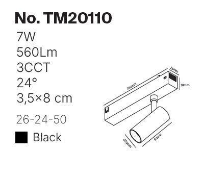 Inlight Φωτιστικό spot LED 7W, 3CCT, 24° για μαγνητική ράγα 220V, σε μαύρη απόχρωση D:3,5x8cm (TM20110)