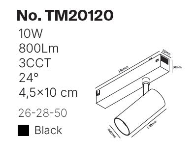 Inlight Φωτιστικό spot LED 10W, 3CCT, 24° για μαγνητική ράγα 220V, σε μαύρη απόχρωση D:4,5x10cm (TM20120)