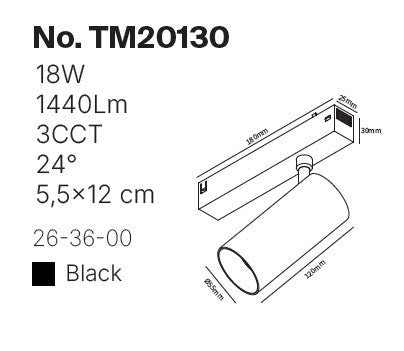 Inlight Φωτιστικό spot LED 18W, 3CCT, 24° για μαγνητική ράγα 220V, σε μαύρη απόχρωση D:5,5x12cm (TM20130)